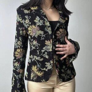 H&M Black Floral Tapestry‎ Blazer Jacket With Revers Collar Sz M